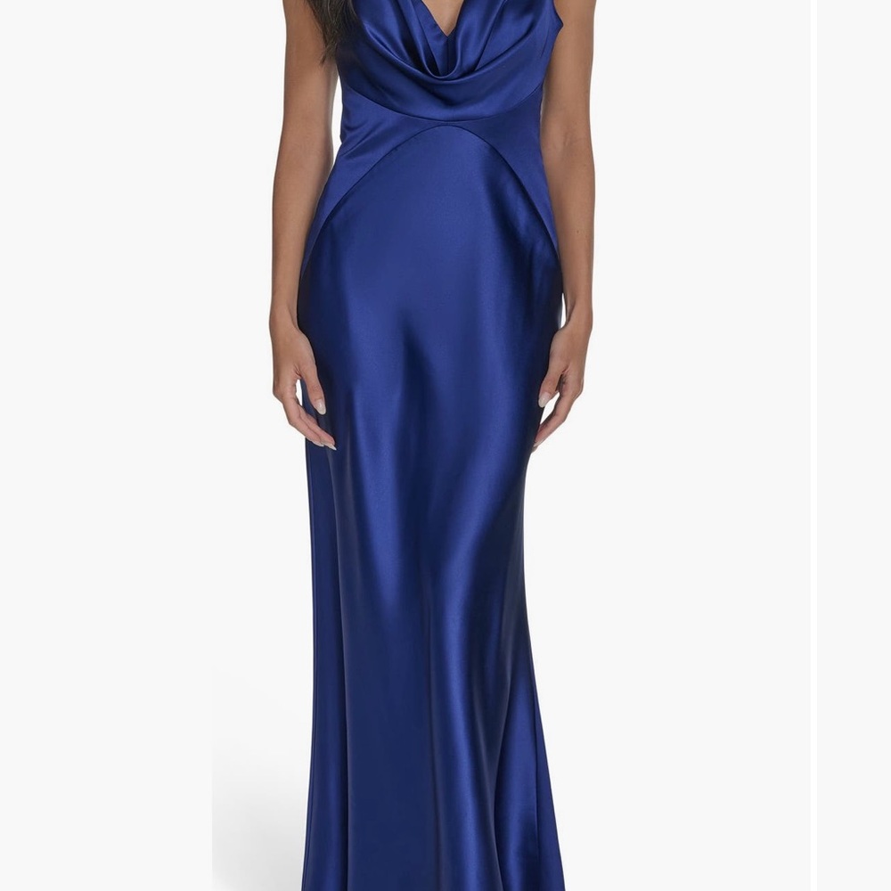 Vince Camuto Drape Neck Satin Evening Gown